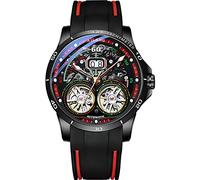 TEINTOP Men's Skeleton Watches Automatic Mechanical Watch with Dual Balance Wheels (Black Red)