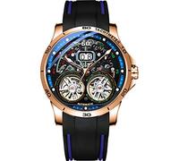 TEINTOP Men's Skeleton Watches Automatic Mechanical Watch with Dual Balance Wheels (Gold Blue)
