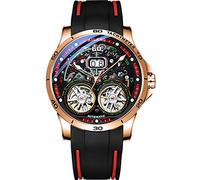 TEINTOP Men's Skeleton Watches Automatic Mechanical Watch with Dual Balance Wheels (Gold Red)