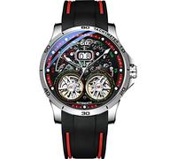 TEINTOP Men's Skeleton Watches Automatic Mechanical Watch with Dual Balance Wheels (Silver Red)