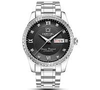 TEINTOP Watches for Men Mechanical Watch Rock Crystal Inlay Bezel Automatic Wristwatches (Silver Black)