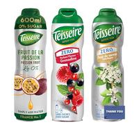 Teisseire Zero Sugar Syrup Variety Pack 60 renadine, Elderflower & Passion Fruit - No Added Sugar Drink Concentrates