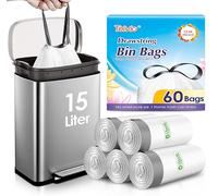 Teivio 15 Liter Small Bin Liners with Tie Tap, 60 Counts Strong Drawstring Pedal Bin Bags Fit 10-15L Trash Can, Waste Paper Bin Bags for Home Office Kitchen Bathroom Bedroom, White Toilet Rubbish Bag