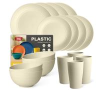Teivio 16-Piece Kitchen Plastic Dinner Set, Service for 4, Dinner Plates, Dessert Plate, Cereal Bowls, Cups, Unbreakable Plastic Plates and Bowls Set, Outdoor Camping Dishes, Beige