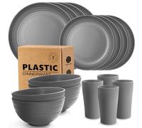Teivio 16-Piece Kitchen Plastic Dinner Set, Service for 4, Dinner Plates, Dessert Plates, Cereal Bowls, Cups, Unbreakable Plastic Plates and Bowls Set, Outdoor Camping Dishes, Grey