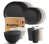 Teivio 16-Piece Kitchen Plastic Dinner Set, Service for 4, Dinner Plates, Dessert Plates, Cereal Bowls, Cups, Unbreakable Plastic Plates and Bowls Set, Outdoor Camping Dishes, Stone