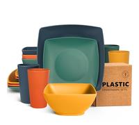 Teivio 16-Piece Kitchen Plastic Square Dinner Set, Service for 4, Dinner Plates, Dessert Plates, Bowls, Cups, Unbreakable Plastic Plates and Bowls Set, Outdoor Camping Dishes, Autumn Multicolor