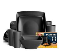 Teivio 16-Piece Kitchen Plastic Square Dinner Set, Service for 4, Dinner Plates, Dessert Plates, Cereal Bowls, 20 oz Cups, Unbreakable Plastic Plates and Bowls Set, Outdoor Camping Dishes, Black