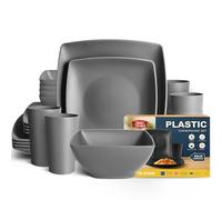 Teivio 16-Piece Kitchen Plastic Square Dinner Set, Service for 4, Dinner Plates, Dessert Plates, Cereal Bowls, 20 oz Cups, Unbreakable Plastic Plates and Bowls Set, Outdoor Camping Dishes, Grey