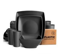 Teivio 16-Piece Kitchen Reusable Plastic Square Dinner Set, Service for 4, Dinner Plate, Dessert Plate, Cereal Bowl, 13.5 oz Cup, Unbreakable Plastic