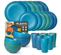 Teivio 24-Piece Kitchen Plastic Dinner Set, Service for 6, Dinner Plates, Dessert Plate, Cereal Bowls, Cups, Unbreakable Plastic Plates and Bowls Set, Outdoor Camping Dishes, Ocean