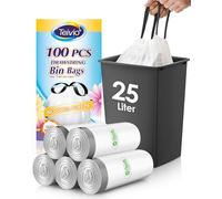 Teivio 25 Liter Small Bin Liners with Tie Tap, 100 Counts Strong Drawstring Pedal Bin Bags Fit 20-25L Trash Can, Waste Paper Bin Bags for Home Office Kitchen Bathroom Bedroom, White Toilet Rubbish Bag