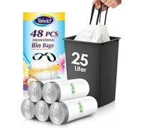 Teivio 25 Liter Small Bin Liners with Tie Tap, 48 Counts Strong Drawstring Pedal Bin Bags Fit 20-25L Trash Can, Waste Paper Bin Bags for Home Office Kitchen Bathroom Bedroom, White Toilet Rubbish Bag