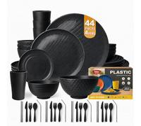 Teivio 44-Piece Kitchen Reusable Plastic Round Dinner Set for 4, Dinner Plate, Dessert Plate, Cereal Bowl, Sauce Cups, Cup, Unbreakable Plastic Plate and Bowl Set, Outdoor Camping Dishes, Black