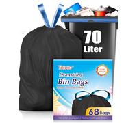 Teivio 70 Litre Strong Tall Kitchen Bin Liners with Tie Tap, 68 Counts 20 Gallon Large Drawstring Bin Bags, Refuse Sacks Fit 50-70L Rubbish Can for Home Kitchen Garden Office, Black