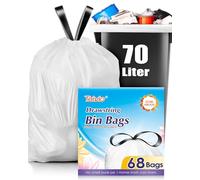 Teivio 70 Litre Strong Tall Kitchen Bin Liners with Tie Tap, 68 Counts 20 Gallon Large Drawstring Bin Bags, Refuse Sacks Fit 50-70L Rubbish Can for Home Kitchen Garden Office, White