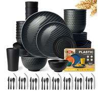 Teivio 88-Piece Kitchen Reusable Plastic Round Dinner Set for 8, Dinner Plate, Dessert Plate, Cereal Bowl, Sauce Cups, Cup, Unbreakable Plastic Plate and Bowl Set, Outdoor Camping Dishes, Black