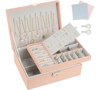 TEIVUL Jewellery Box,2 Layer PU Leather Jewelry Box Organiser with 2 Keys and Cleaning Cloth,Suitable for Rings Earrings Necklaces Bracelets Accessories, Jewellery Box Gifts for Women Girls（Pink）