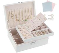 TEIVUL Jewellery Box,2 Layer PU Leather Jewelry Box Organiser with 2 Keys,Suitable for Rings Earrings Necklaces Bracelets Accessories, Jewellery Box Gifts for Women Girls（White）