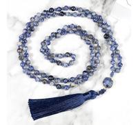 Tejesa 108 Mala Beads Prayer Necklace 6mm Natural Tiger Eye Onyx Stone Necklace with Tassel Pendant (White dot blue)
