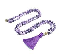 Tejesa 8mm Purple Lepidolite Beaded Knotted 108 Mala Necklace Meditation Yoga Prayer Jewelry with Tassel Rosary for Women