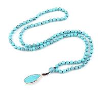 Tejesa Natural Blue Beads Knotted Bohemian Stone Dorp Pendant Necklace 108 Mala 6mm Necklace For Women (Light Blue)