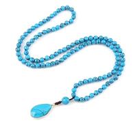 Tejesa Natural Blue Beads Knotted Bohemian Stone Dorp Pendant Necklace 108 Mala 6mm Necklace For Women (Blue)