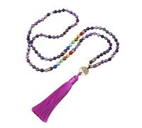 Tejesa Natural Purple Agates Stone Necklace For Women Girls 7 Chakra Reiki 108 Japamala Mala Beads Knotted Tassel Long Necklace Jewelry (Purple Agates)