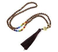 Tejesa Natural Purple Agates Stone Necklace For Women Girls 7 Chakra Reiki 108 Japamala Mala Beads Knotted Tassel Long Necklace Jewelry (Wooden Beads)