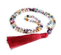 Tejesa Natural Striped Agates Stone Necklace Handmade Elastic Knotted 108 Mala Beads Purple Tassel Yoga Necklaces