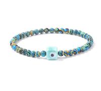 Tejesa Square Eye Bracelet Natural Stone 4mm Beads Elastic Bracelets for Women Men Turkish Evil Eye Lucky Protection Blessing Jewelry 19cm Malachite