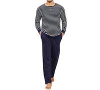 TeJoyce Mens Pyjamas Set 100% Cotton Long Sleeve Striped T-Shirt and Pants 2 Piece PJ Set Soft Comfy Loungewear Men's Nightwear Set with Pockets Navy Blue