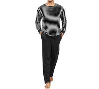 TeJoyce Mens Pyjamas Set 100% Cotton Long Sleeve Striped T-Shirt and Pants 2 Piece PJ Set Soft Comfy Loungewear Men's Nightwear Set with Pockets Black