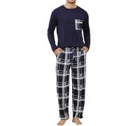 TeJoyce Mens Pyjamas Set Cotton Long Sleeve and Checked Pants 2 Piece PJ Set Soft Comfy Loungewear Men's Nightwear Set with Pockets Navy Blue