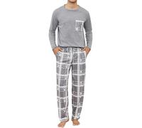 TeJoyce Mens Pyjamas Set Cotton Long Sleeve and Checked Pants 2 Piece PJ Set Soft Comfy Loungewear Men's Nightwear Set with Pockets Grey