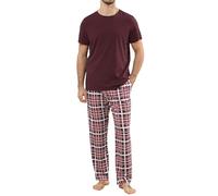TeJoyce Mens Pyjamas Set Cotton Short Sleeve and Plaid Long Pants 2 Piece PJ Set Soft Comfy Loungewear Nightwear Set with Pockets Burgundy