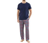 TeJoyce Mens Pyjamas Set Cotton Short Sleeve and Plaid Long Pants 2 Piece PJ Set Soft Comfy Loungewear Nightwear Set with Pockets Navy Blue