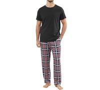 TeJoyce Mens Pyjamas Set Cotton Short Sleeve and Plaid Long Pants 2 Piece PJ Set Soft Comfy Loungewear Nightwear Set with Pockets Black