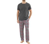 TeJoyce Mens Pyjamas Set Cotton Short Sleeve and Plaid Long Pants 2 Piece PJ Set Soft Comfy Loungewear Nightwear Set with Pockets Dark Gray