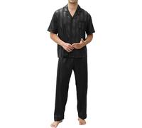 TeJoyce Mens Pyjamas Set Silk Satin Short Sleeve Button Down Nightwear Men's PJs Sets with Pocket Silky Mens Loungewear Sets Black
