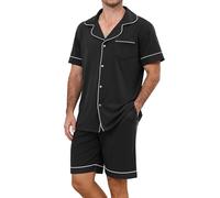 TeJoyce Mens Short Pyjamas Set Cotton Summer Pjs Set for Men Top and Shorts Bottom PJ Sets Comfy Lightweight Button Down Loungewear Men's Nightwear Set with Pockets Black