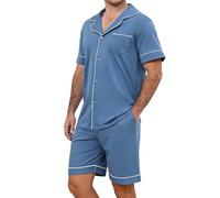 TeJoyce Mens Short Pyjamas Set Cotton Summer Pjs Set for Men Top and Shorts Bottom PJ Sets Comfy Lightweight Button Down Loungewear Men's Nightwear Set with Pockets Blue