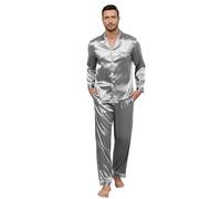 TeJoyce Mens Silk Pyjamas Set Satin Pyjamas for Men Long Sleeve and Pants PJs Button Down Nightwear Loungewear with Pockets Light Grey