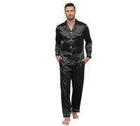 TeJoyce Mens Silk Pyjamas Set Satin Pyjamas for Men Long Sleeve and Pants PJs Button Down Nightwear Loungewear with Pockets Black