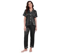 TeJoyce Silk Pyjamas for Women Satin Pjs Set Women's Pyjama Set Short Sleeve and Pants 2 Piece Sleepwear Ladies Button Down Loungewear Black