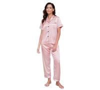 TeJoyce Silk Pyjamas for Women Satin Pjs Set Women's Pyjama Set Short Sleeve and Pants 2 Piece Sleepwear Ladies Button Down Loungewear Pink