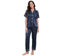 TeJoyce Silk Pyjamas for Women Satin Pjs Set Women's Pyjama Set Short Sleeve and Pants 2 Piece Sleepwear Ladies Button Down Loungewear Navy Blue