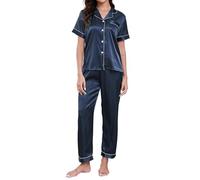 TeJoyce Silk Pyjamas for Women Satin Pjs Set Women's Pyjama Set Short Sleeve and Pants 2 Piece Sleepwear Ladies Button Down Loungewear Navy Blue
