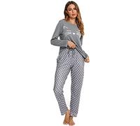 TeJoyce Women's Long Cotton Pyjamas Crew Neck Cat Pyjamas Winter Pyjama Set Two Piece Leisure Suit with Pockets and Elastic Waistband Loungewear, gray, L