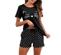 TeJoyce Women's Pyjama Sets 100% Cotton Short Sleeve Top & Shorts Cat Print Pyjamas for Women Soft Lightweight Summer Nightwear PJs with Pockets Black